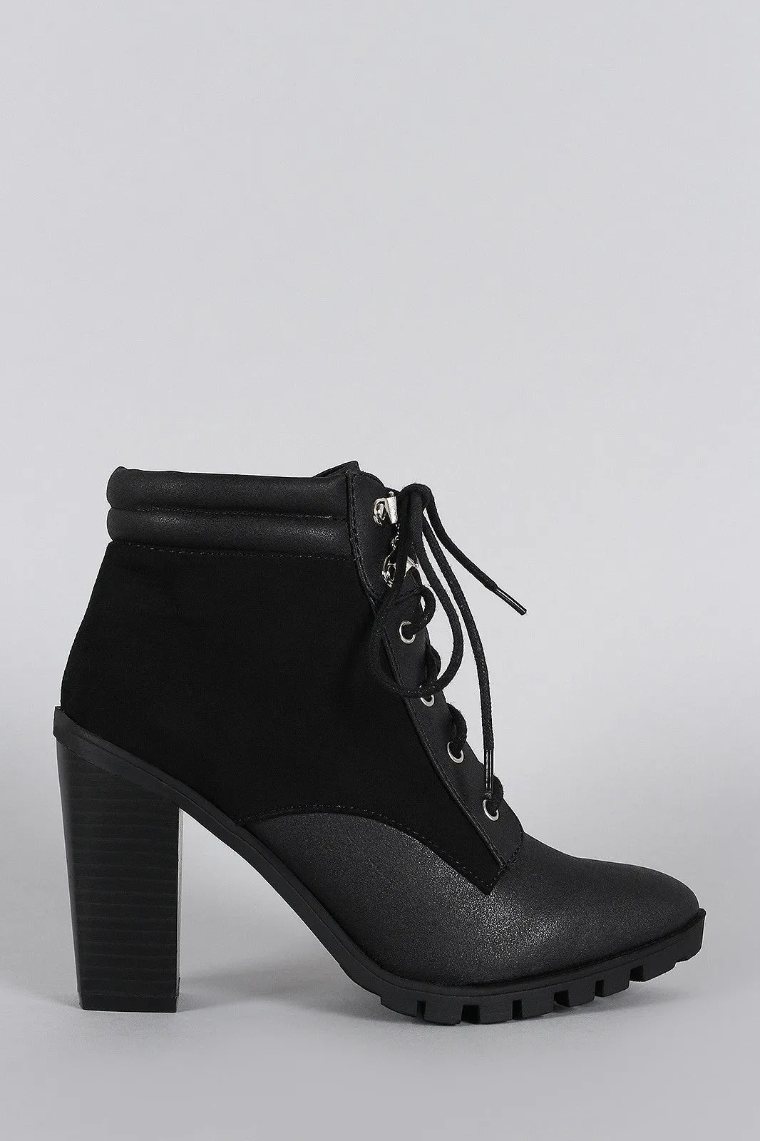 Qupid Pointy Toe Lace Up Heeled Combat Ankle Boots