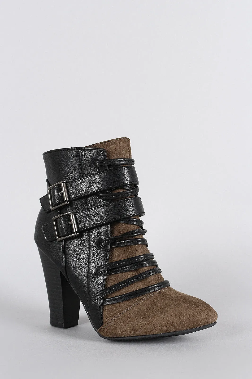 Qupid Strappy Corset Buckle Almond Toe Heeled Booties