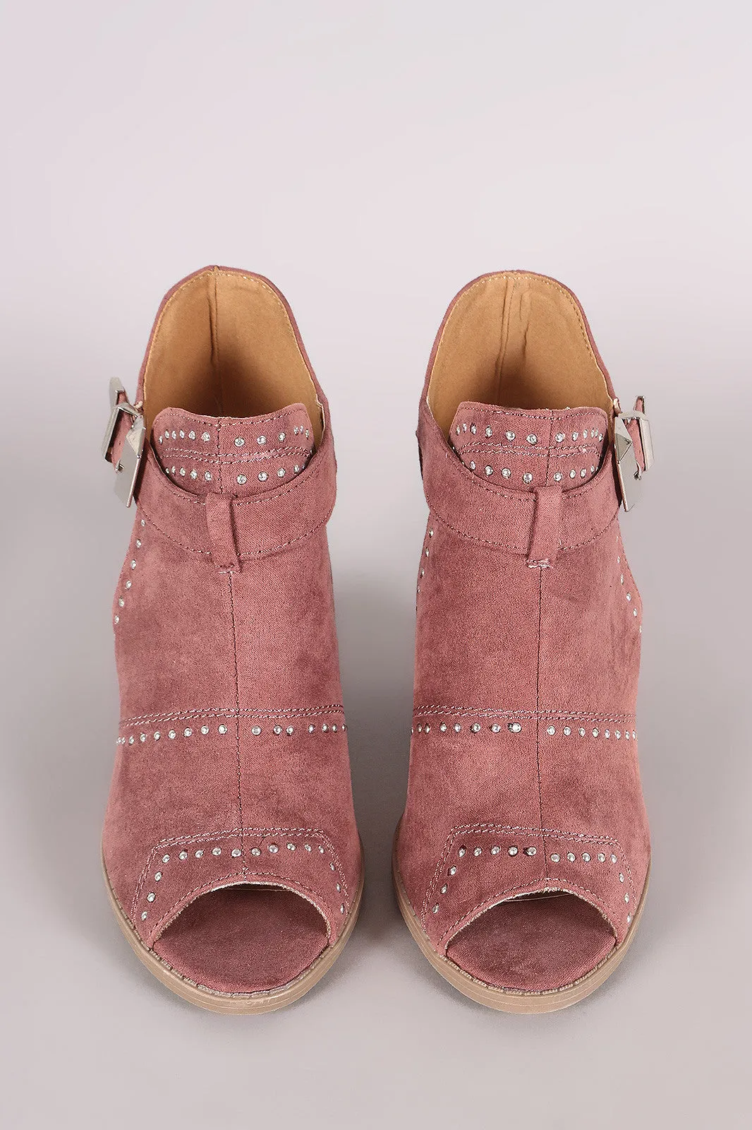 Qupid Suede Studded Peep Toe Stacked Chunky Heeled Booties