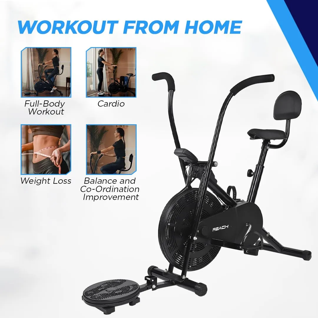 Reach AB-110 BST Air Bike Exercise Cycle with Moving or Stationary Handle | with Back Support Seat & Twister | Adjustable Knob Resistance | Exercise Gym Cycle for Home Workout & Fitness