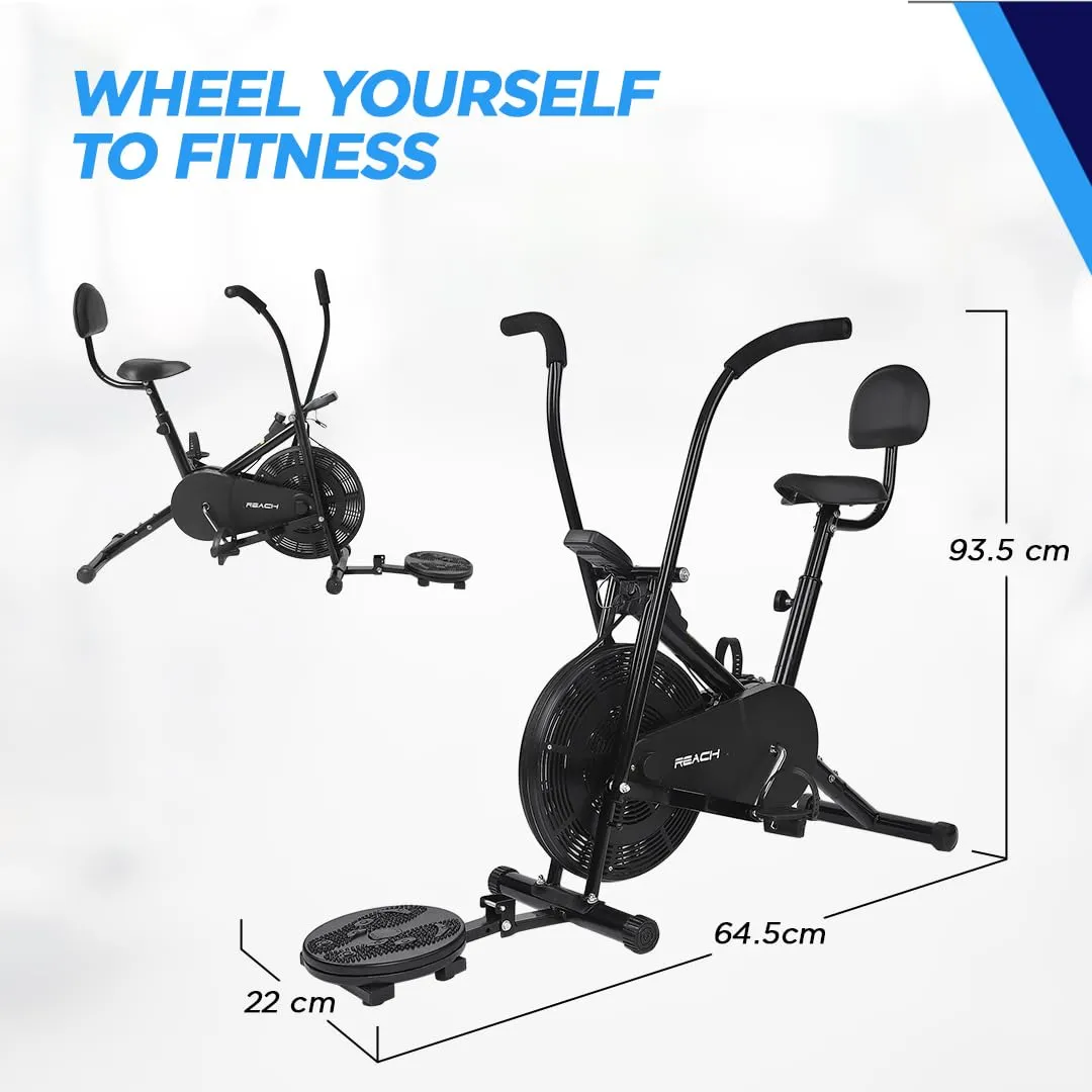 Reach AB-110 BST Air Bike Exercise Cycle with Moving or Stationary Handle | with Back Support Seat & Twister | Adjustable Knob Resistance | Exercise Gym Cycle for Home Workout & Fitness