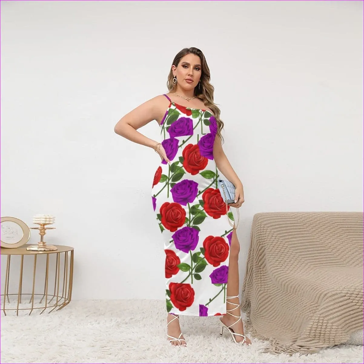 Red Rose Purp Women's Oblique-Shoulder Exposure Dress With Side Split Voluptuous ( ) Plus Size