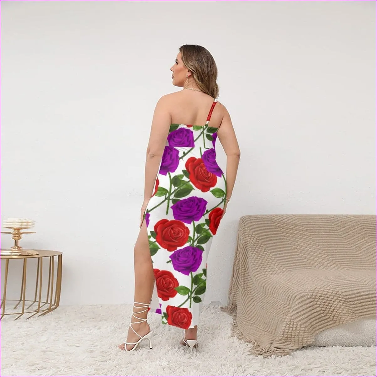 Red Rose Purp Women's Oblique-Shoulder Exposure Dress With Side Split Voluptuous ( ) Plus Size