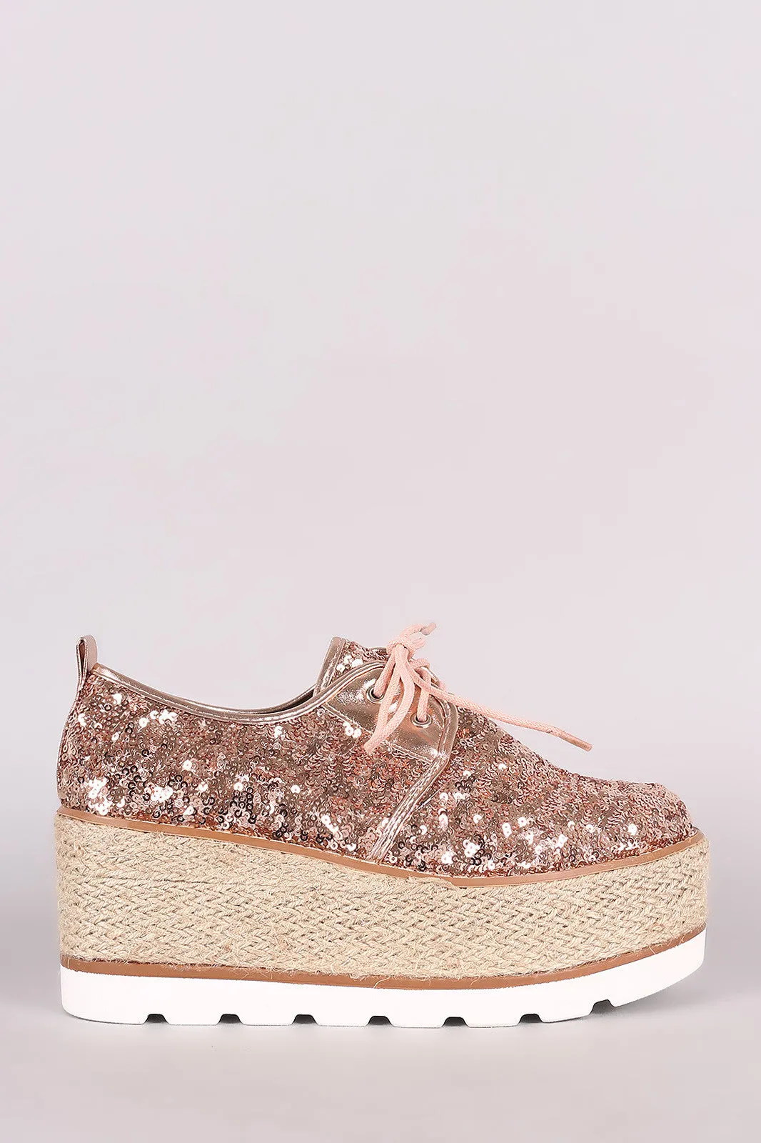 Sequined Lace Up Espadrille Oxford Flatform Wedge