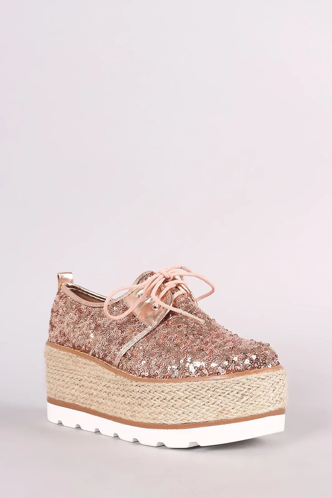 Sequined Lace Up Espadrille Oxford Flatform Wedge