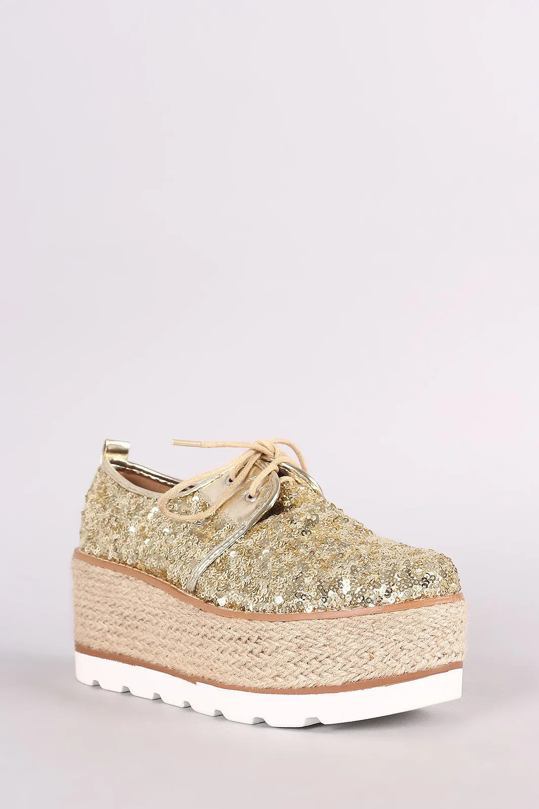 Sequined Lace Up Espadrille Oxford Flatform Wedge