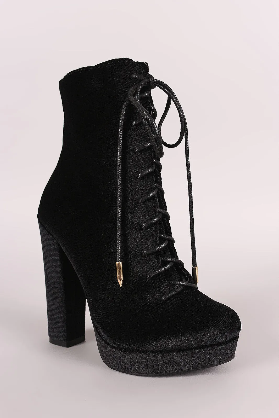 Shoe Republic LA Velvet Combat Lace Up Chunky Heeled Ankle Boots