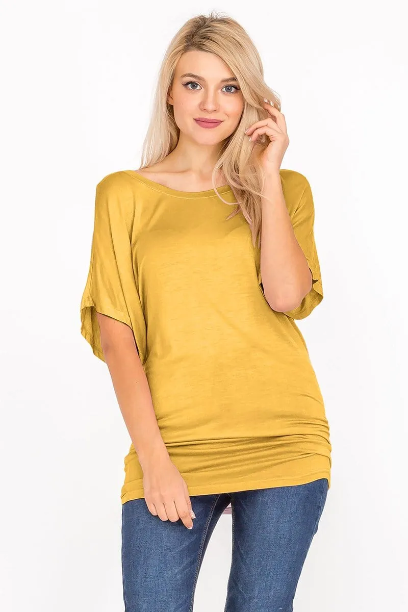 Soft Knit Boat Neck Short Sleeve Dolman Tunic Top