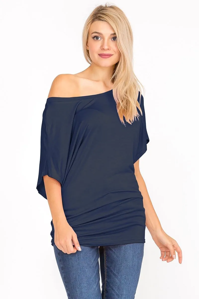 Soft Knit Boat Neck Short Sleeve Dolman Tunic Top