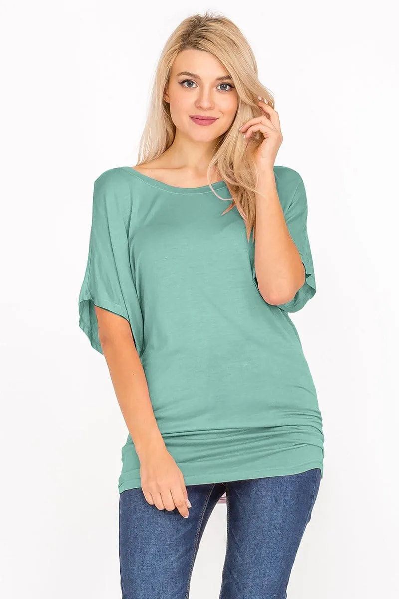 Soft Knit Boat Neck Short Sleeve Dolman Tunic Top