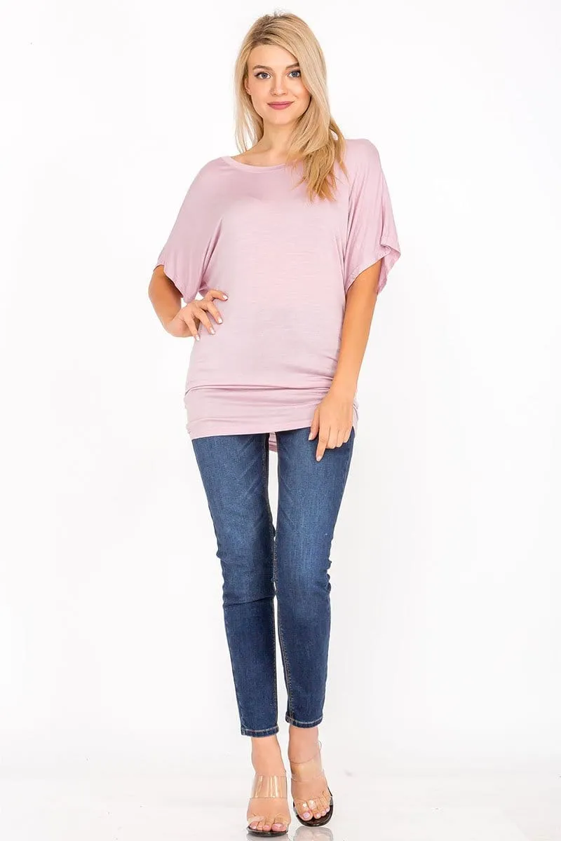 Soft Knit Boat Neck Short Sleeve Dolman Tunic Top