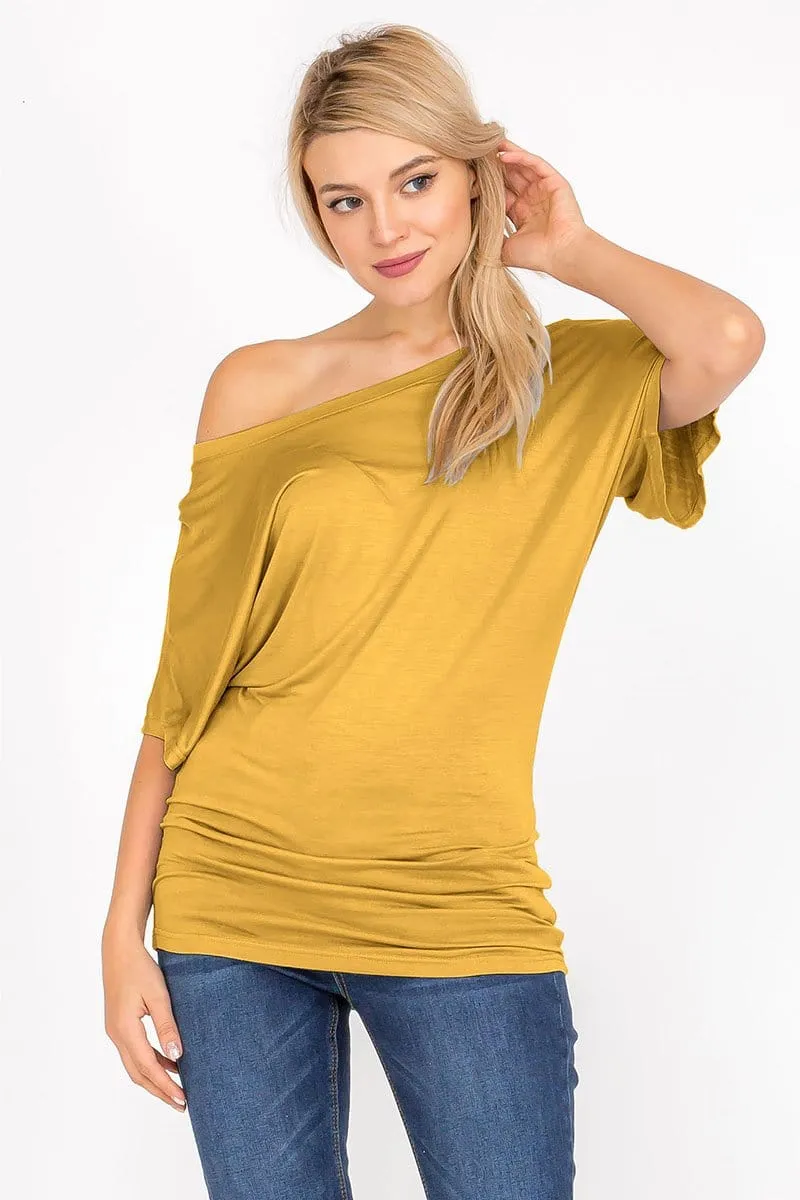 Soft Knit Boat Neck Short Sleeve Dolman Tunic Top