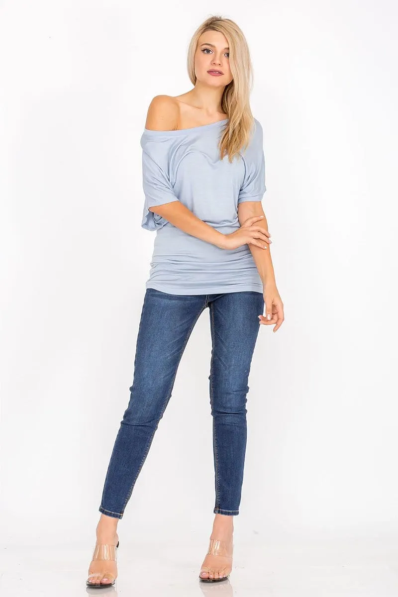 Soft Knit Boat Neck Short Sleeve Dolman Tunic Top