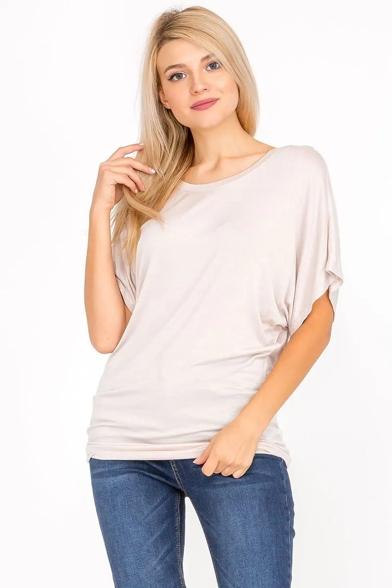 Soft Knit Boat Neck Short Sleeve Dolman Tunic Top