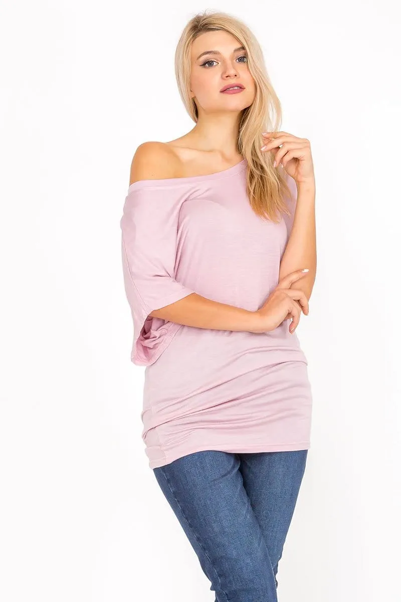 Soft Knit Boat Neck Short Sleeve Dolman Tunic Top