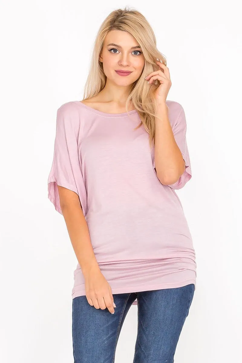 Soft Knit Boat Neck Short Sleeve Dolman Tunic Top