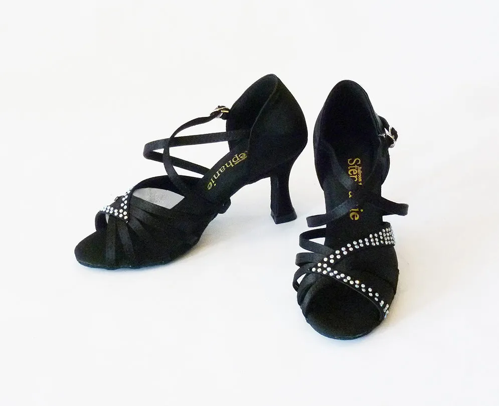 Stephanie Dance Shoes, 2056-15, Black Satin-Rhinestones, 2” & 2.5” Flared Heel