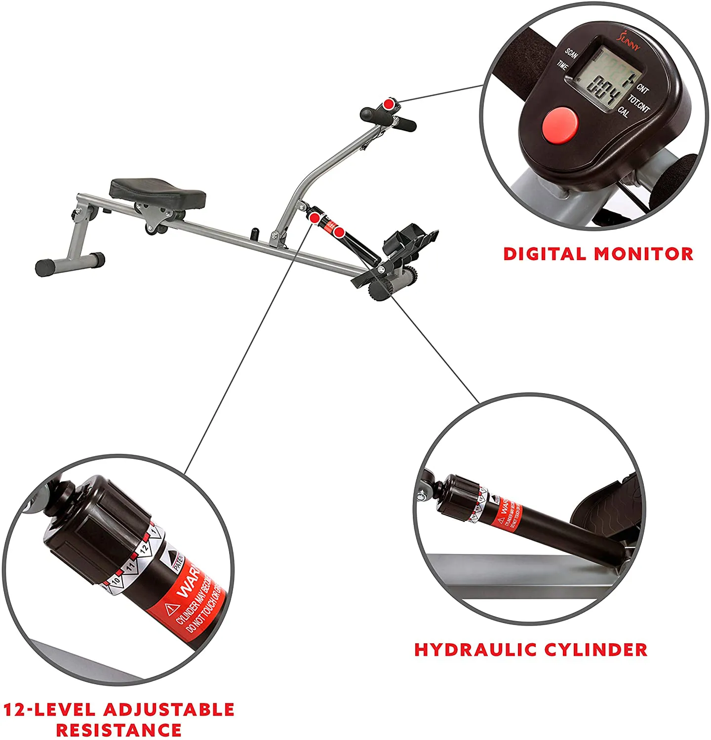 Sunny Health & Fitness SF-RW1205 Rowing Machine Rower with 12 Level Adjustable Resistance, Digital Monitor and 220 LB Max Weight