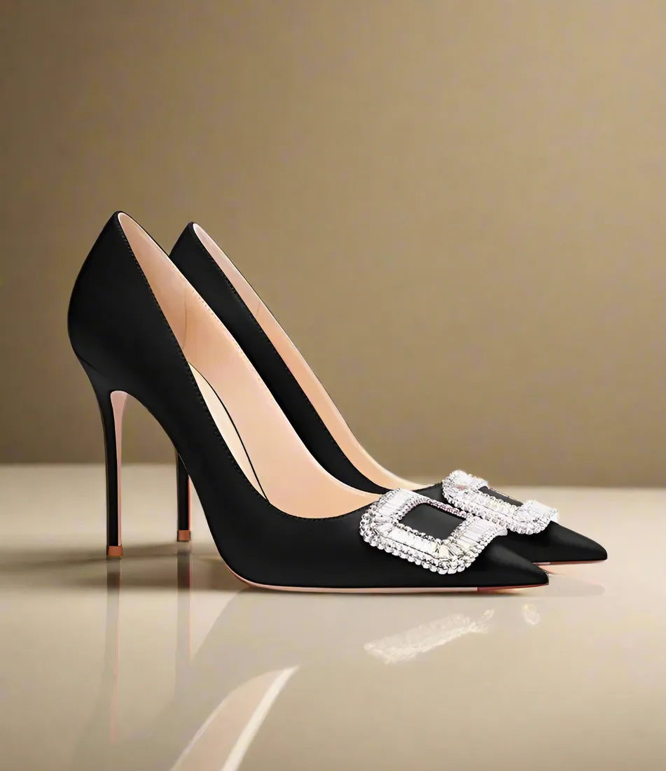 Tadame Black Satin Leather Heels