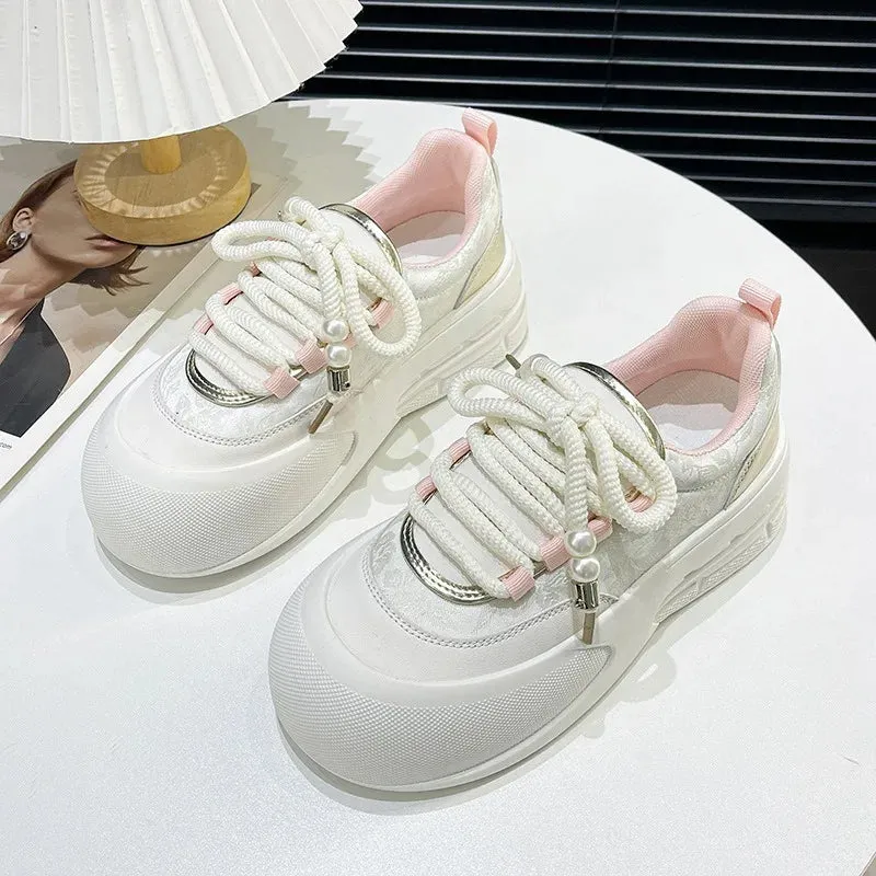 TAVIMART  - 2024 Fashion Retro Round Head Thick Sole Women's Vulcanized Shoes Designer New Spring Autumn Lacing Shallow Mouth Woman Sneakers