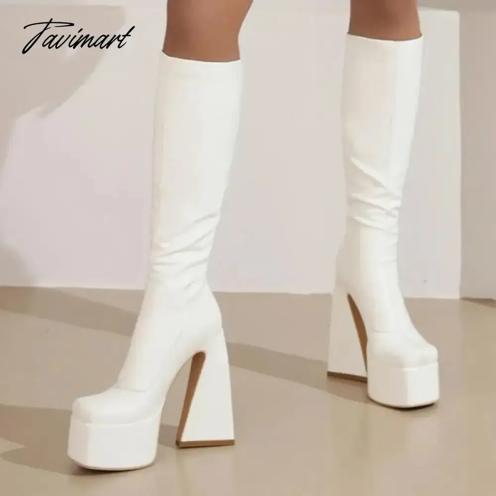 Tavimart New Brand Punk Women Sexy High Heels Knee High Boots Platforms Zipper Stretch Microfiber Sexy Night Club Party Pumps High Boots