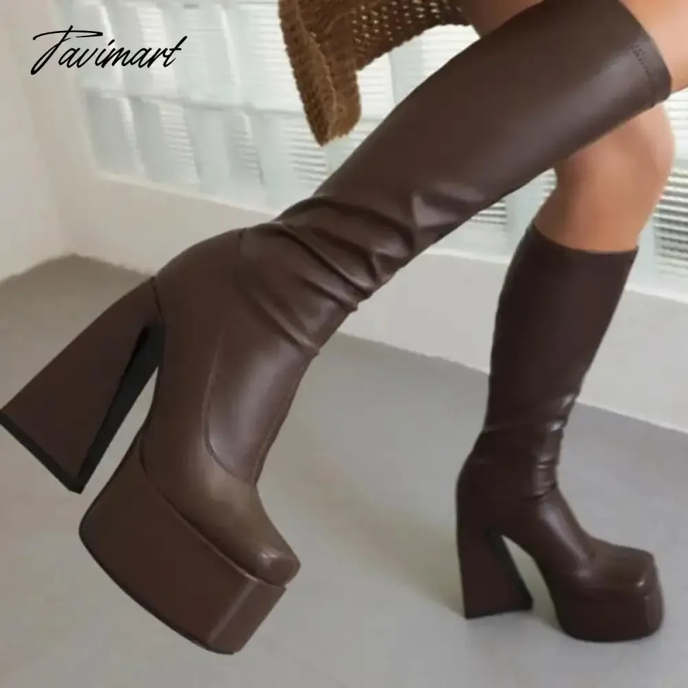 Tavimart New Brand Punk Women Sexy High Heels Knee High Boots Platforms Zipper Stretch Microfiber Sexy Night Club Party Pumps High Boots