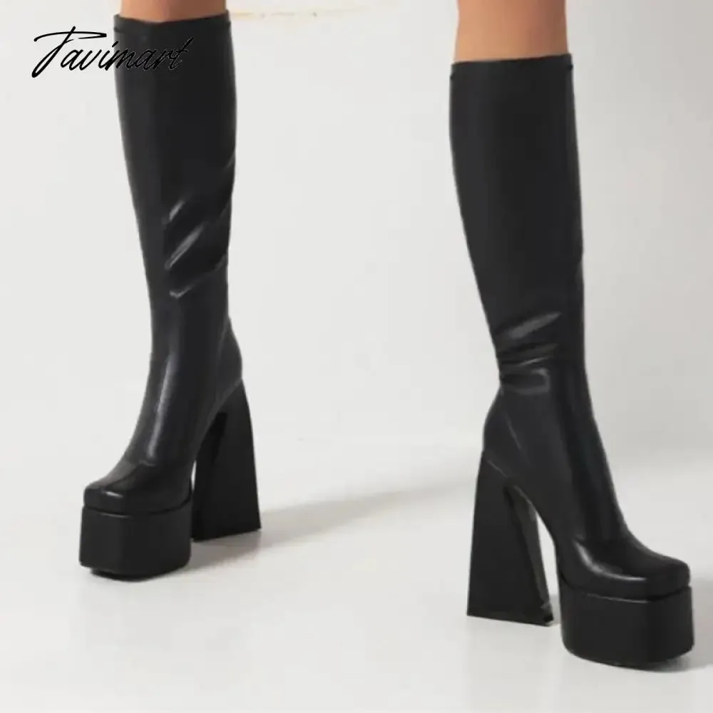 Tavimart New Brand Punk Women Sexy High Heels Knee High Boots Platforms Zipper Stretch Microfiber Sexy Night Club Party Pumps High Boots