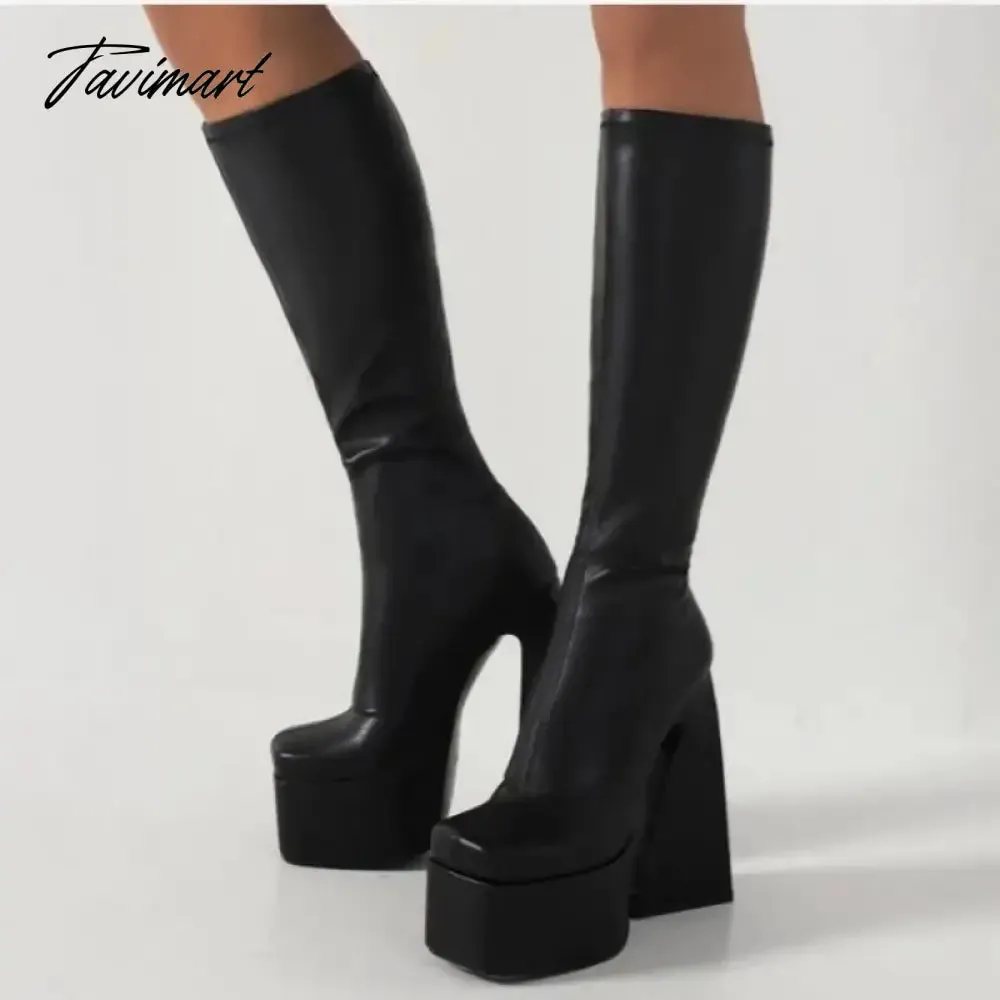 Tavimart New Brand Punk Women Sexy High Heels Knee High Boots Platforms Zipper Stretch Microfiber Sexy Night Club Party Pumps High Boots