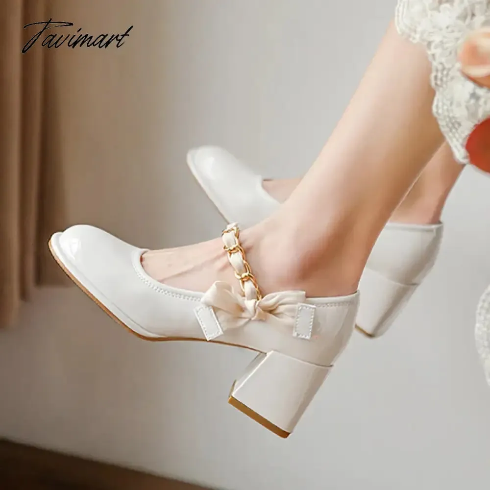 TAVIMART -  New Women's Mary Jane Shoes Patent Leather Dress Shoes Chain Bow Wedding Shoes Vintage Mid Heels Pumps Office Ladies Shoes 9732N