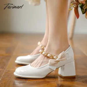 TAVIMART -  New Women's Mary Jane Shoes Patent Leather Dress Shoes Chain Bow Wedding Shoes Vintage Mid Heels Pumps Office Ladies Shoes 9732N