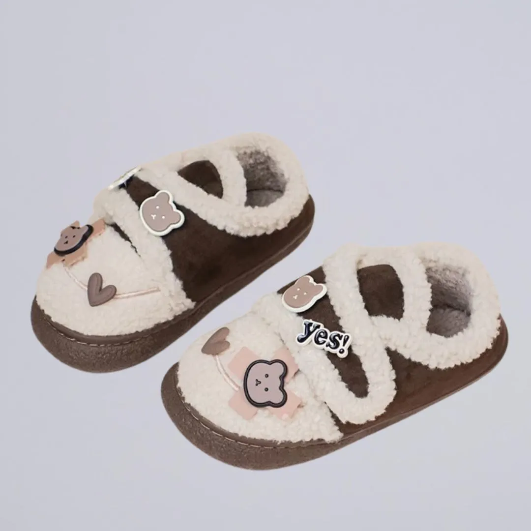 Ultra Soft Bear Charms Velcro Strap Plush Shoes - Women's