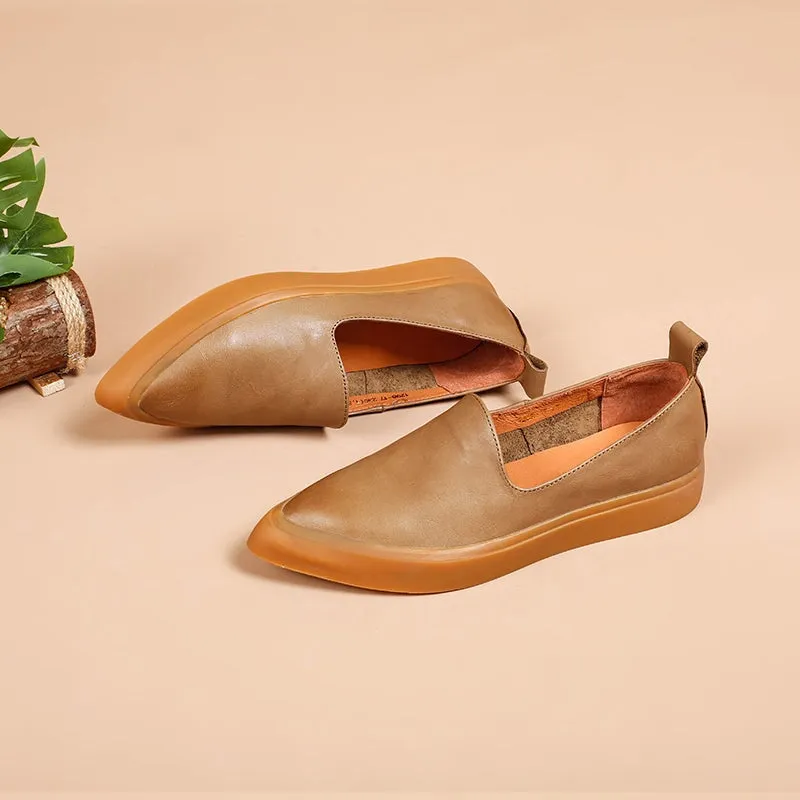 Vegetable Tanned Leather Loafers Pointed Toe Flats in Brown/Black/Khaki