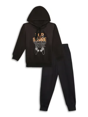 Vimal Jonney Black Printed Hooded Cotton Fleece Tracksuit Co-ord Set for Kids