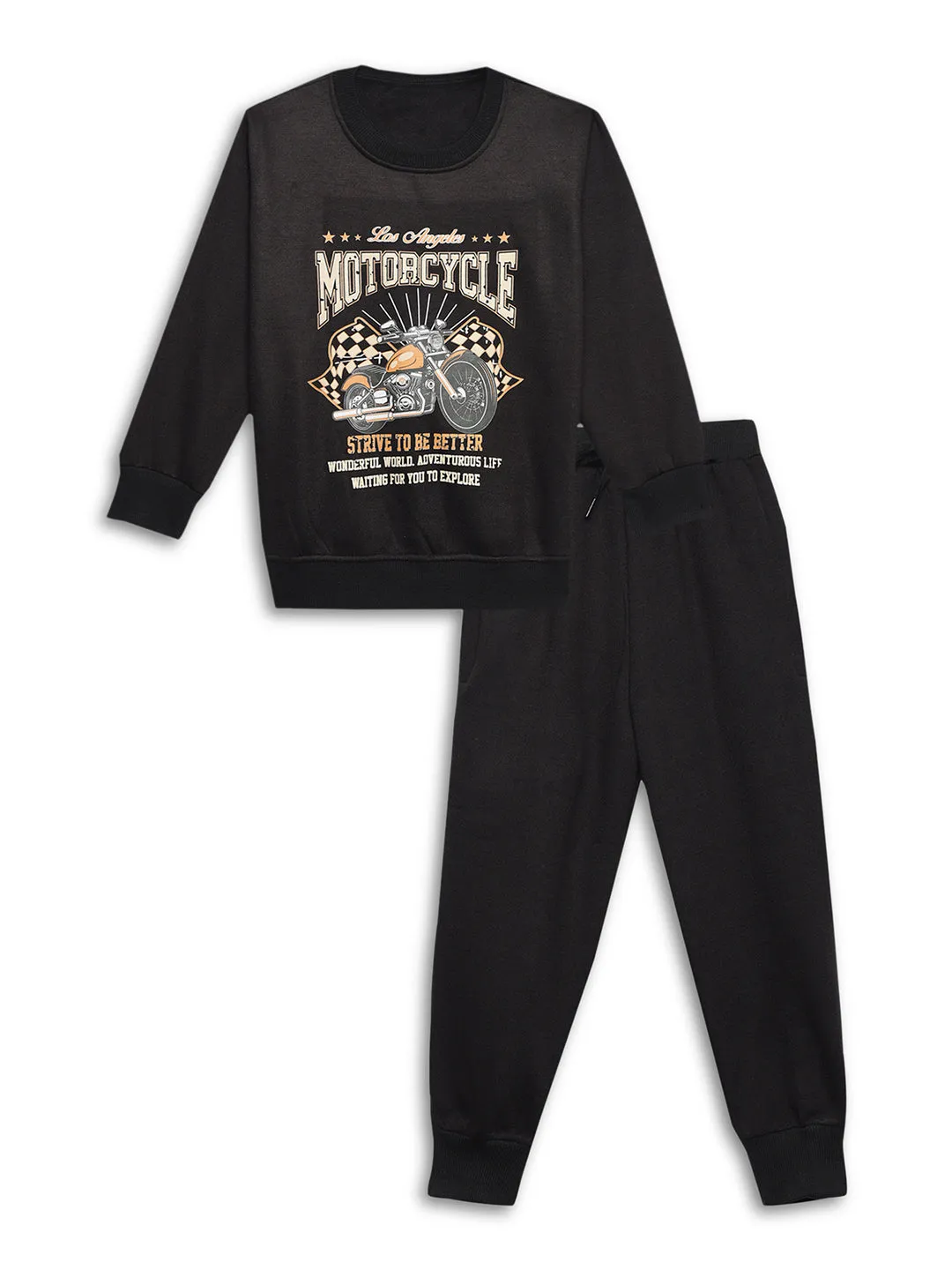 Vimal Jonney Black Printed Round Neck Cotton Fleece Tracksuit Co-ord Set for Kids