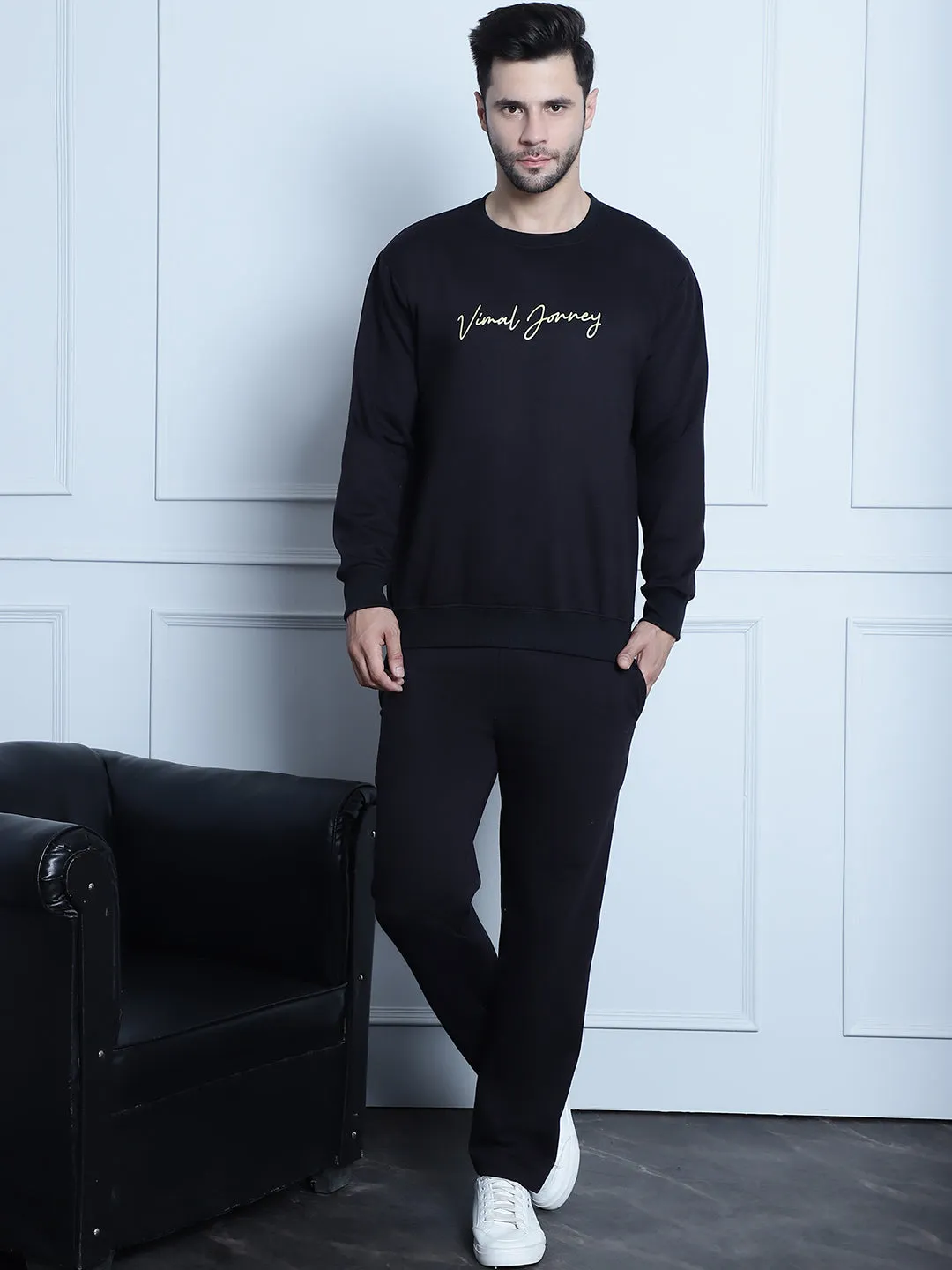 Vimal Jonney Black Printed Round Neck Cotton Fleece Tracksuit for Men