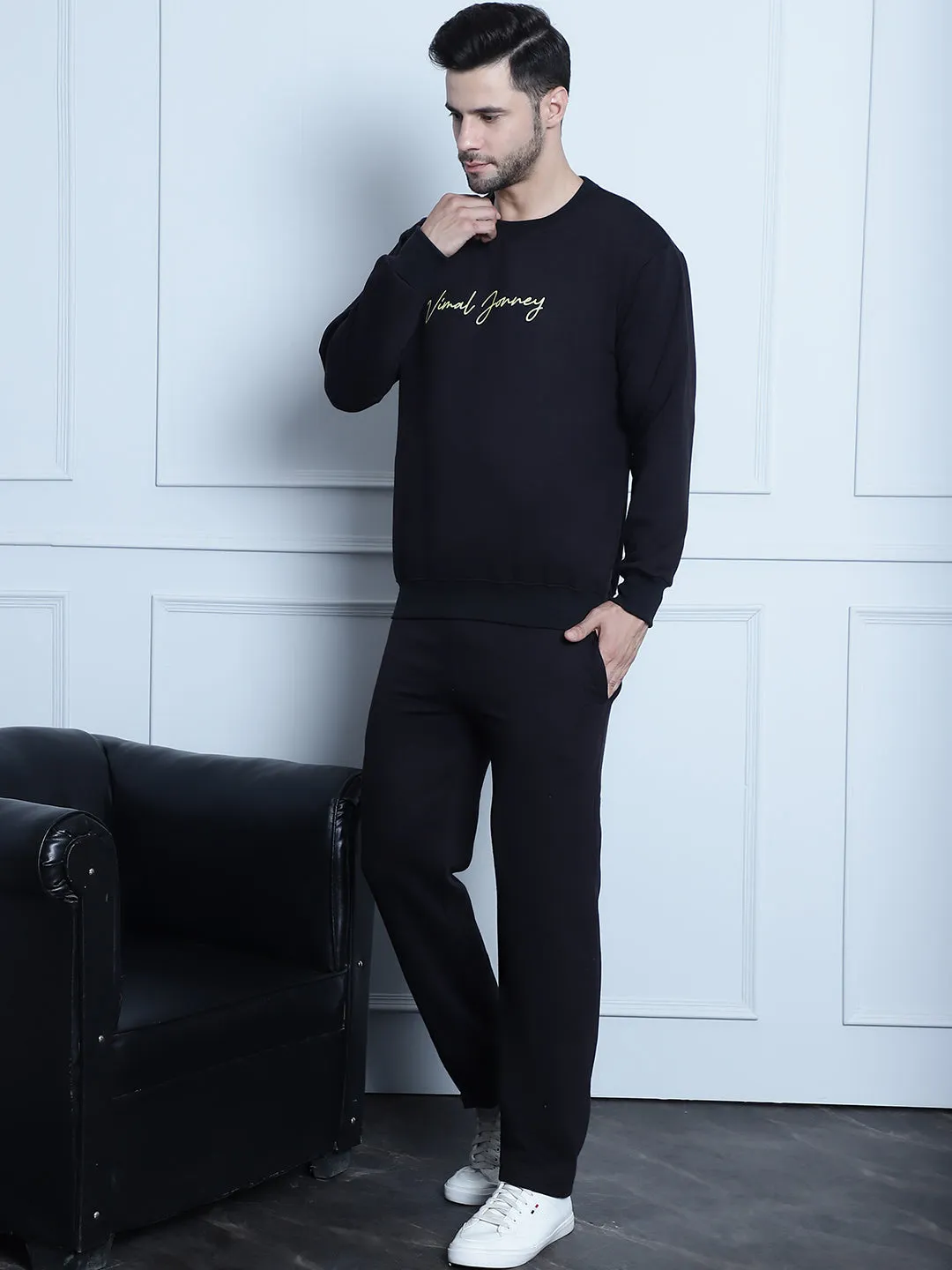 Vimal Jonney Black Printed Round Neck Cotton Fleece Tracksuit for Men