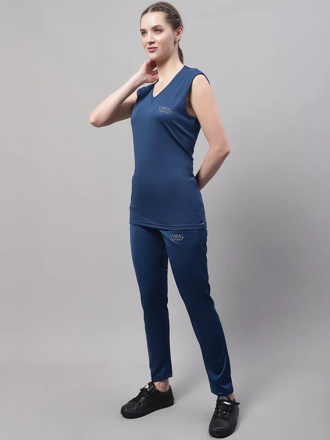 Vimal Jonney Blue Dryfit Lycra Solid Co-ord Set Tracksuit For Women