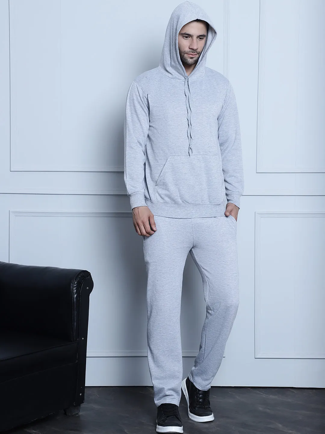 Vimal Jonney Grey Melange Solid Hooded Cotton Fleece Tracksuit for Men