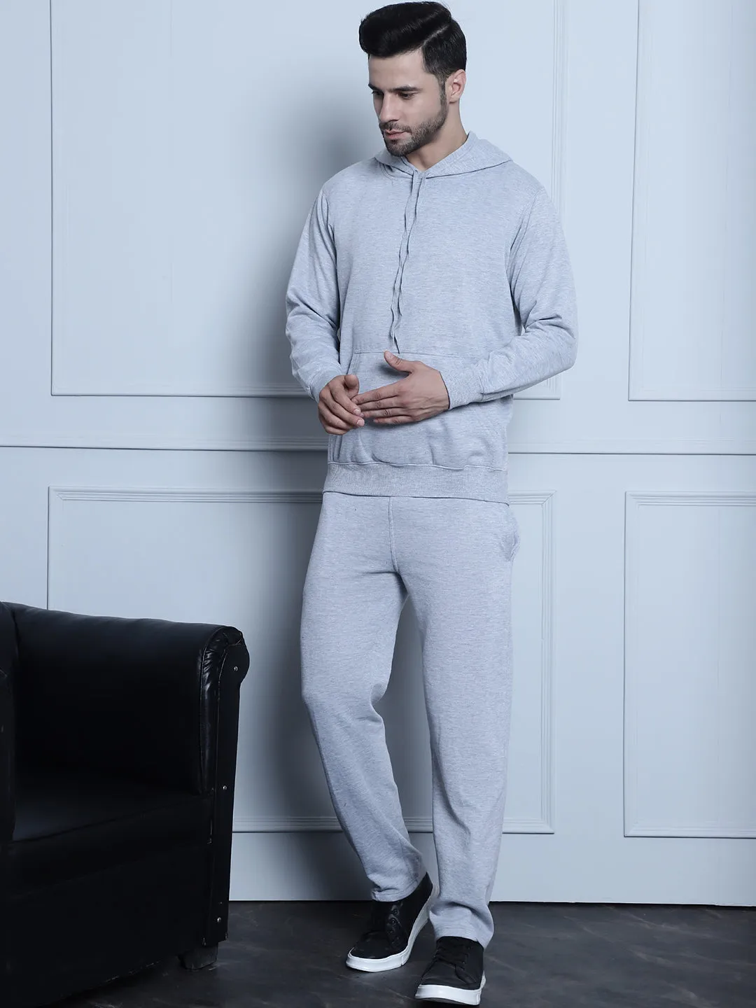 Vimal Jonney Grey Melange Solid Hooded Cotton Fleece Tracksuit for Men