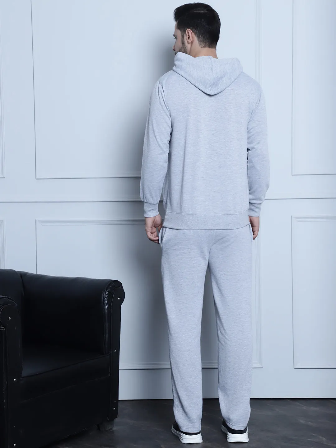 Vimal Jonney Grey Melange Solid Hooded Cotton Fleece Tracksuit for Men