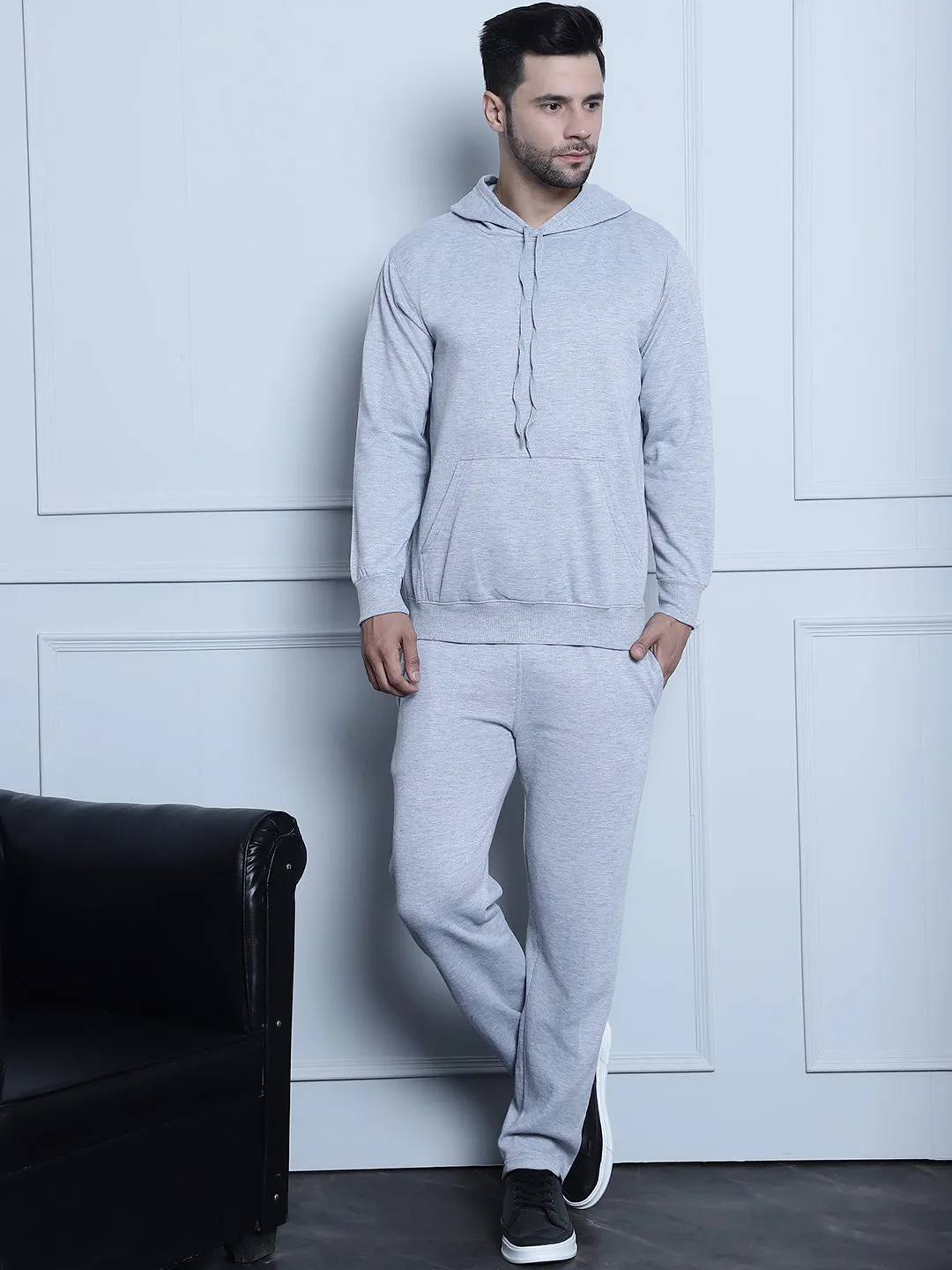 Vimal Jonney Grey Melange Solid Hooded Cotton Fleece Tracksuit for Men