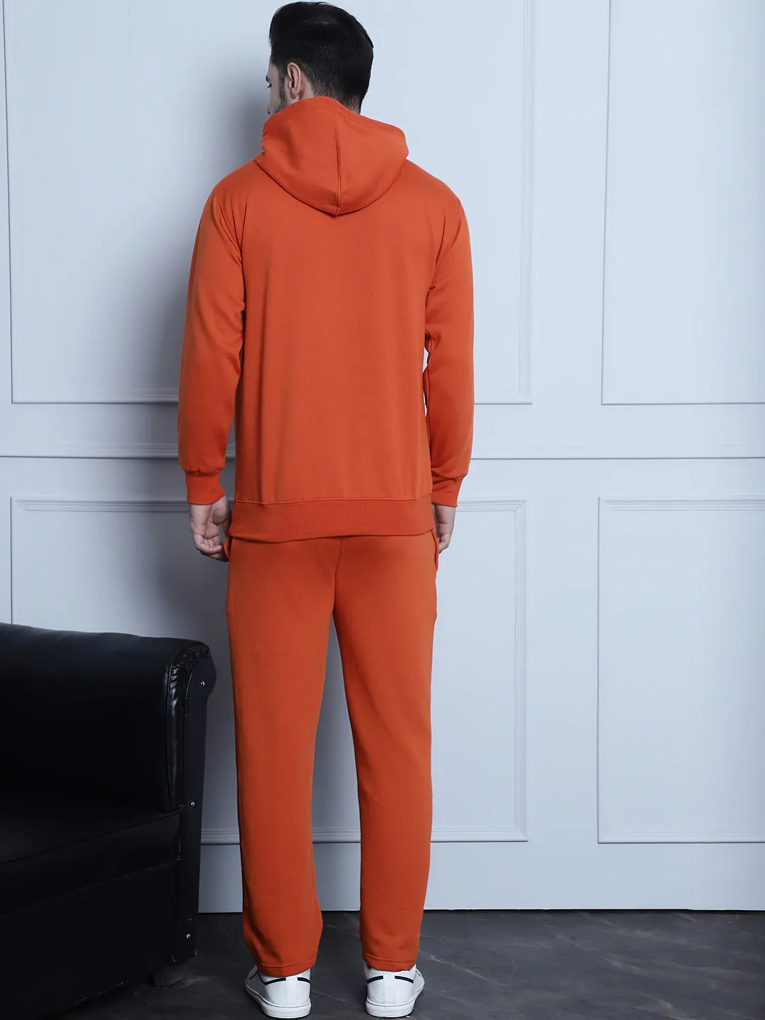 Vimal Jonney Rust Printed Hooded Cotton Fleece Tracksuit for Men